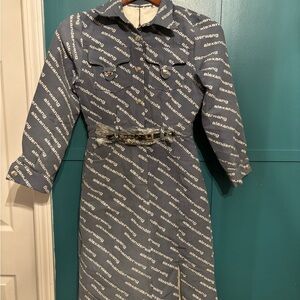 Alexander Wang All Over Logo Pattern Long Sleeve Dress With Belt